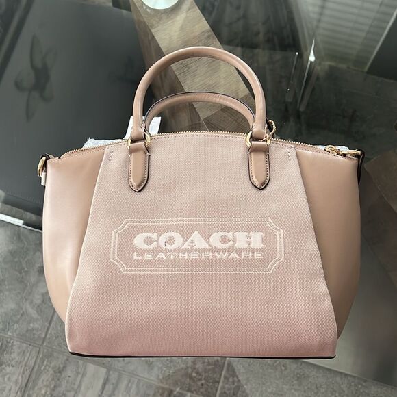 Coach Badge Jacquard Elise Satchel in Chalk Taupe, New - Picture 6 of 14